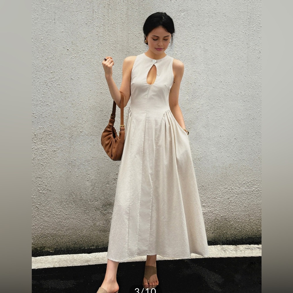 Cotton & Linen Pleated Cutout Long Dress size L NWT